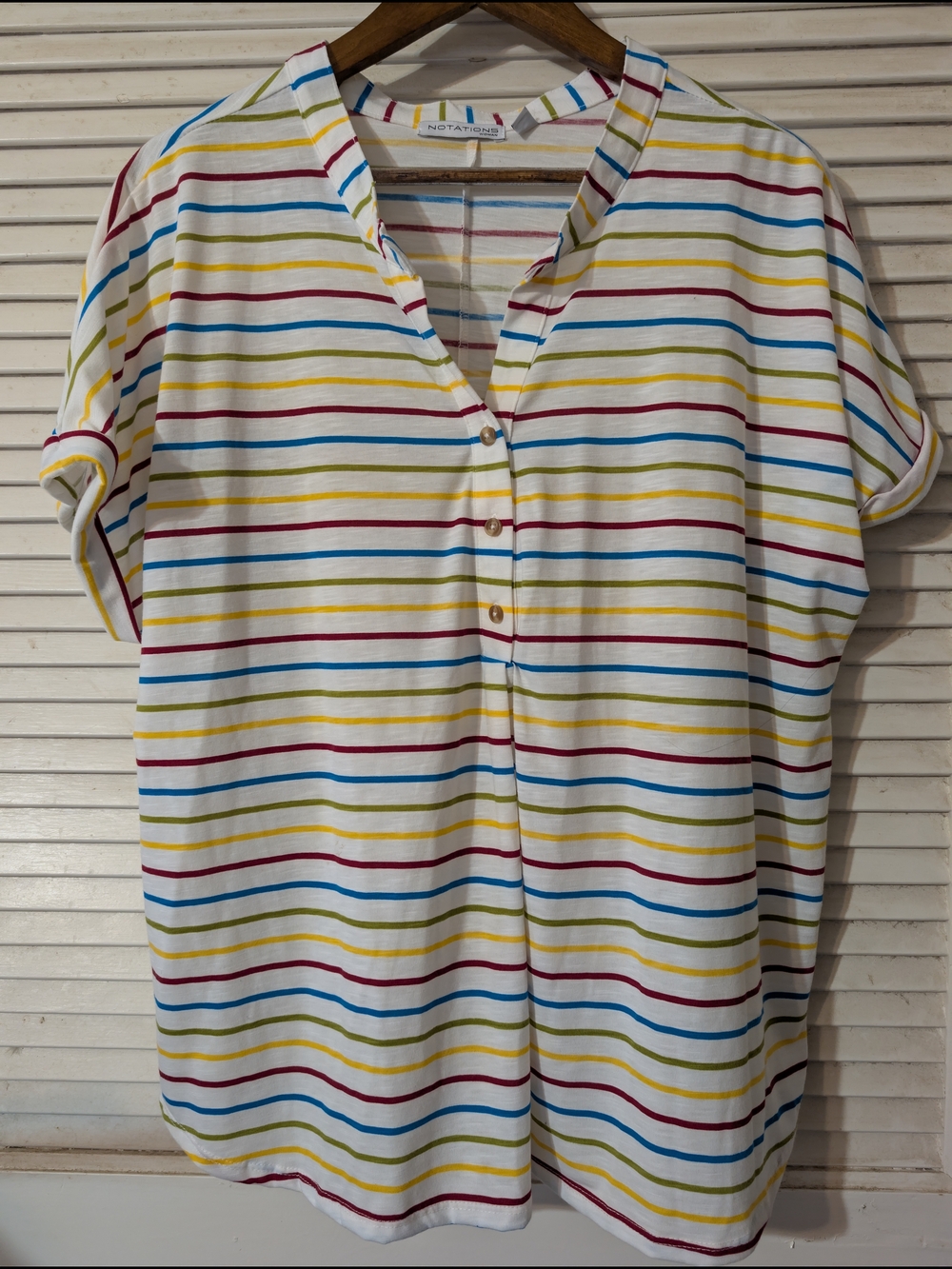 Notations White Multi-Stripe Short Sleeve Henley Top